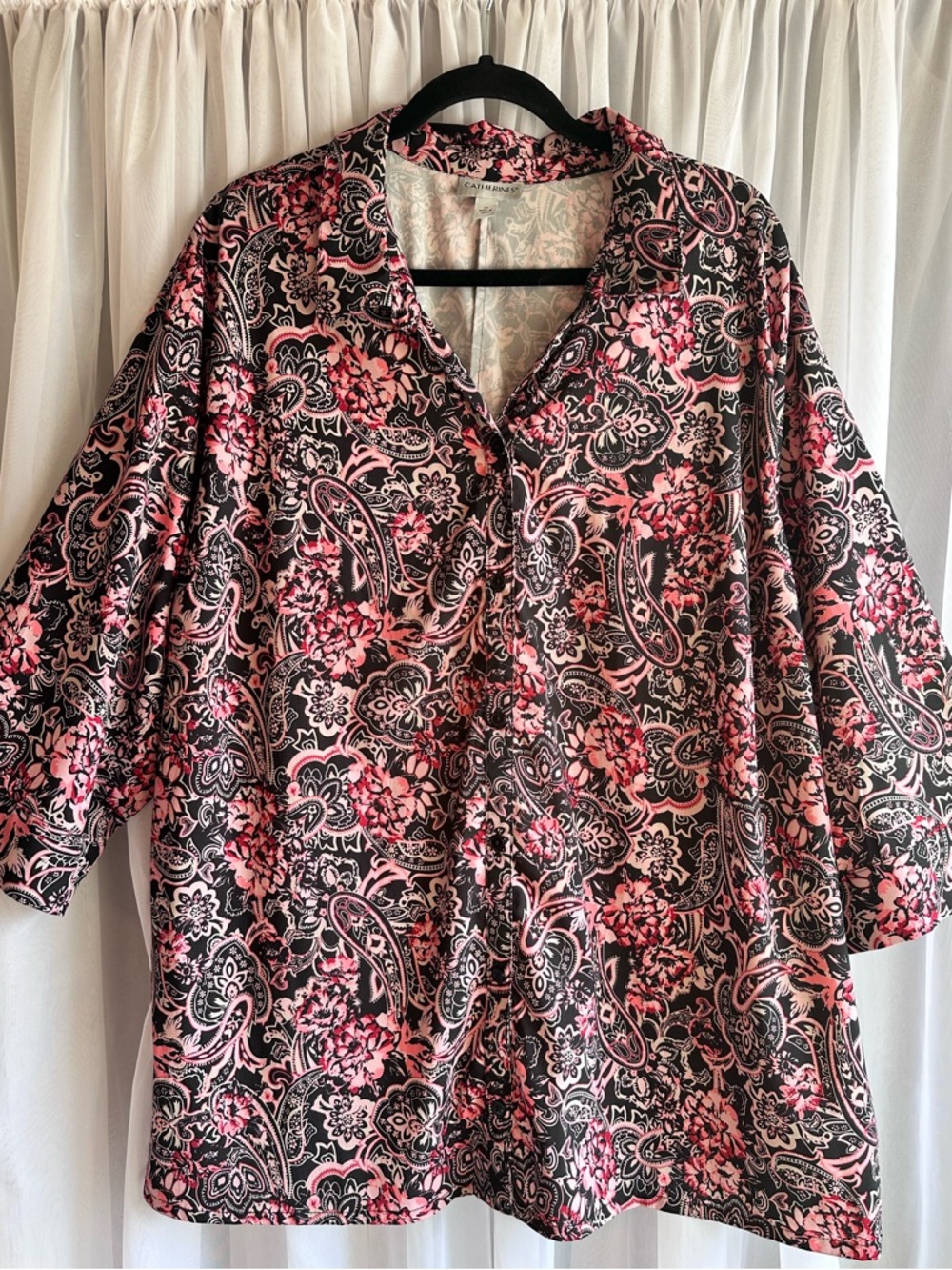 Catherines Pink Black Paisley Floral Button-Up Top 3/4 Sleeve Oversized 2X